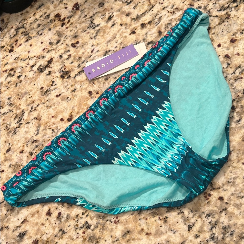 Radio Fiji Designer Bikini Swim Bottom - Cala Retro Teal and Blue Cheekie sz L